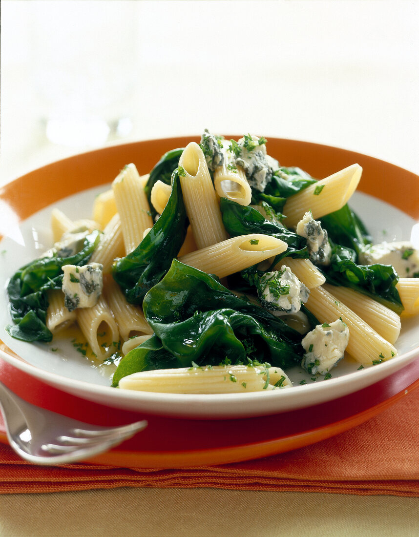 Penne with spinach and gorgonzola cheese on plate