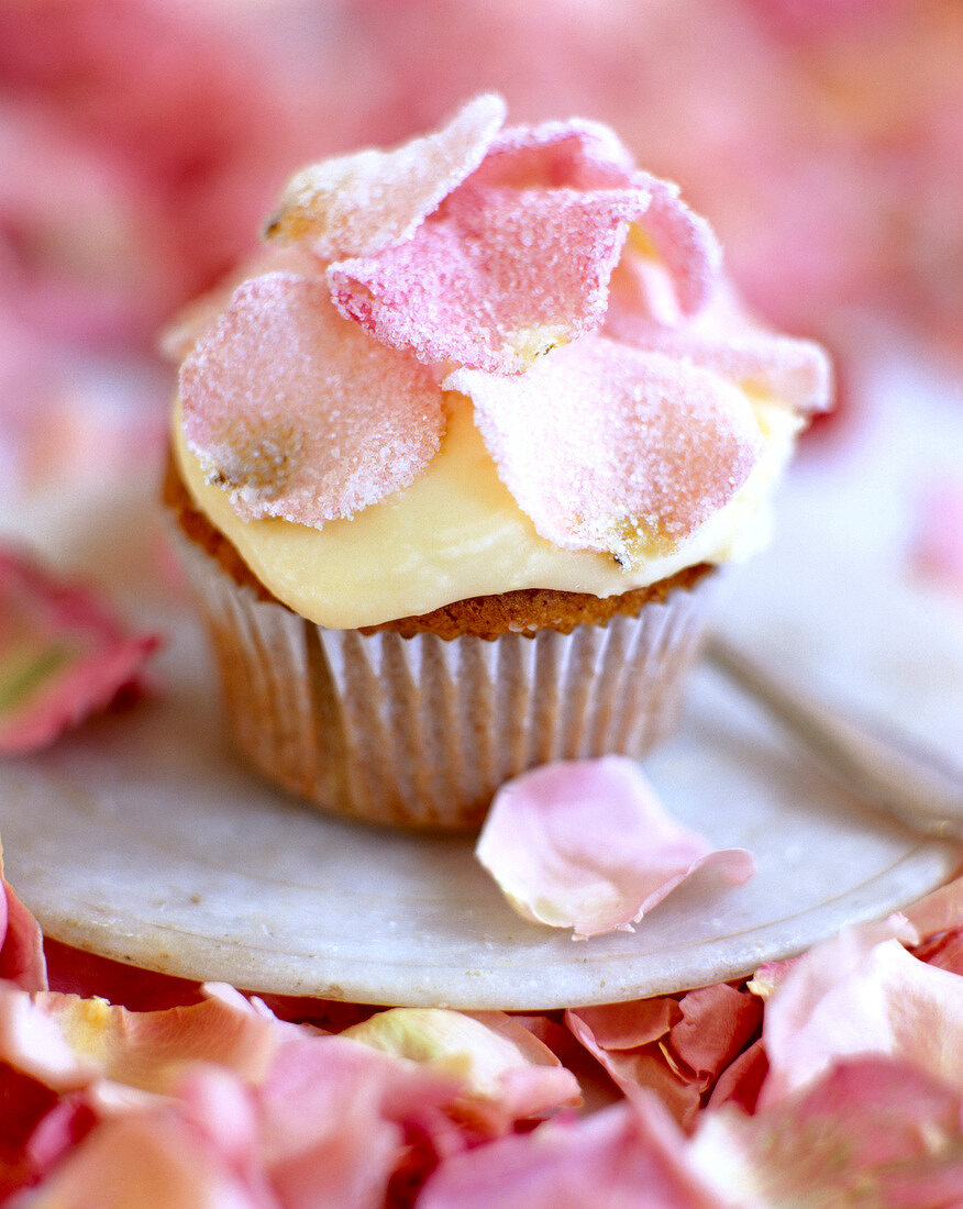 Close-up of muffin with vanilla cream and rose petals