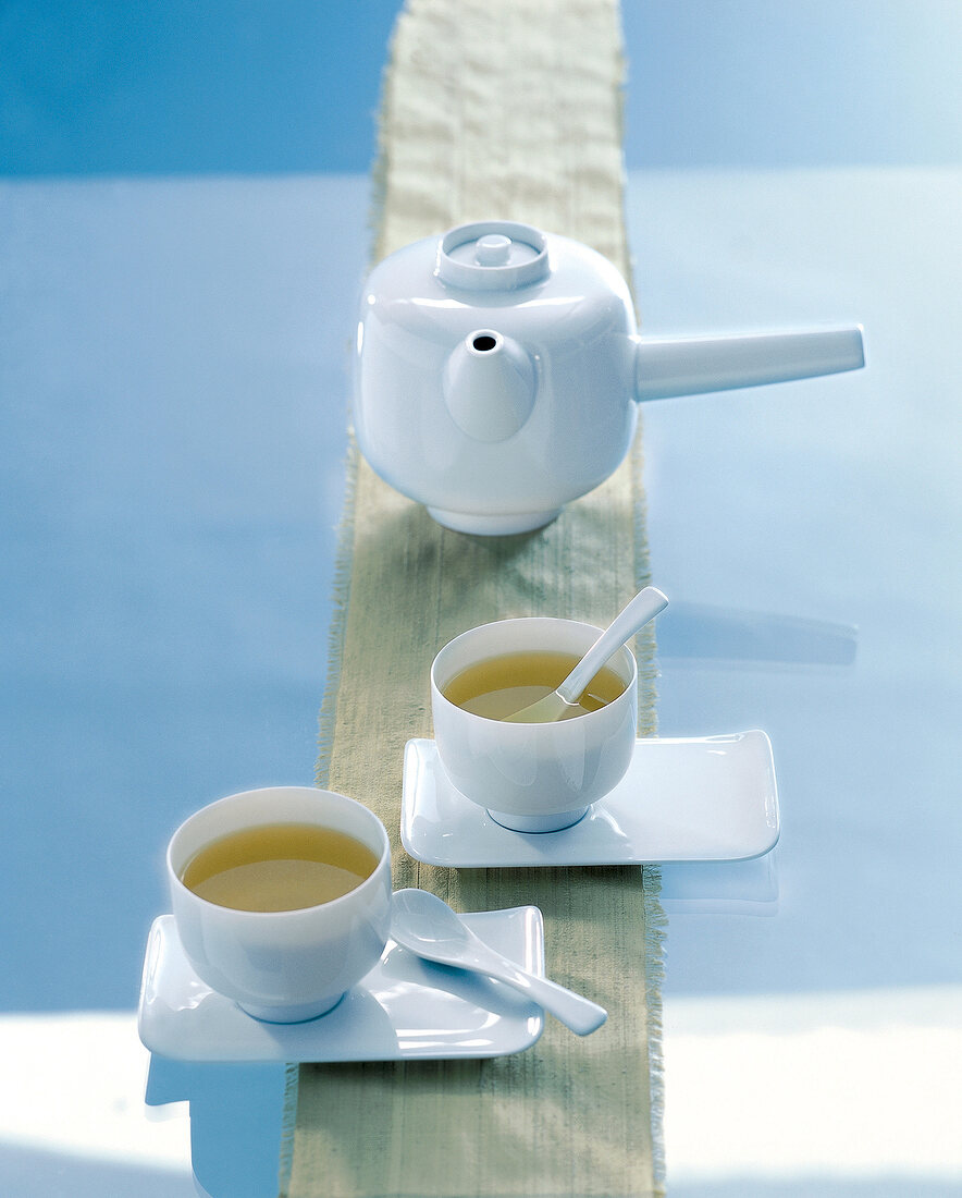 Teeset von Fürstenberg, Teekanne, Teebecher, Untertassen und Löffel
