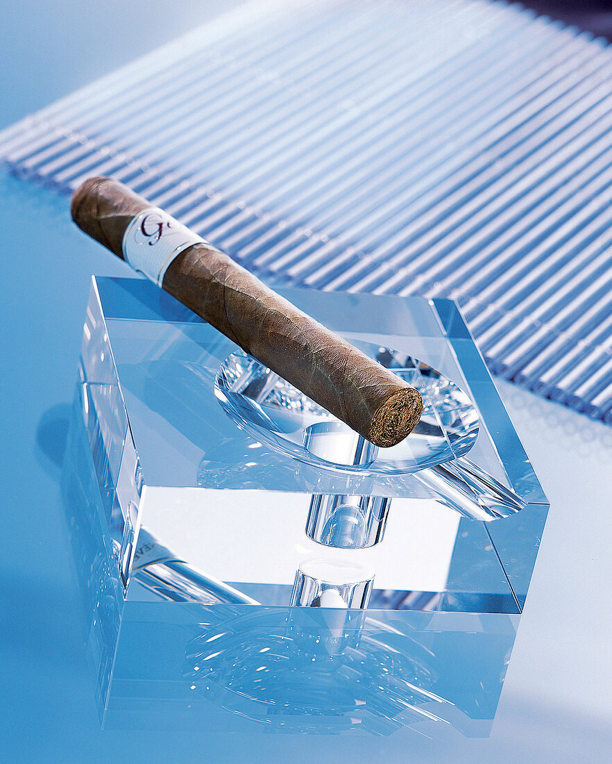 Aschenbecher aus massivem Kristallglas mit Zigarre