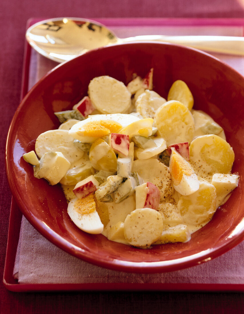 Potato salad with diced apple and egg in red bowl