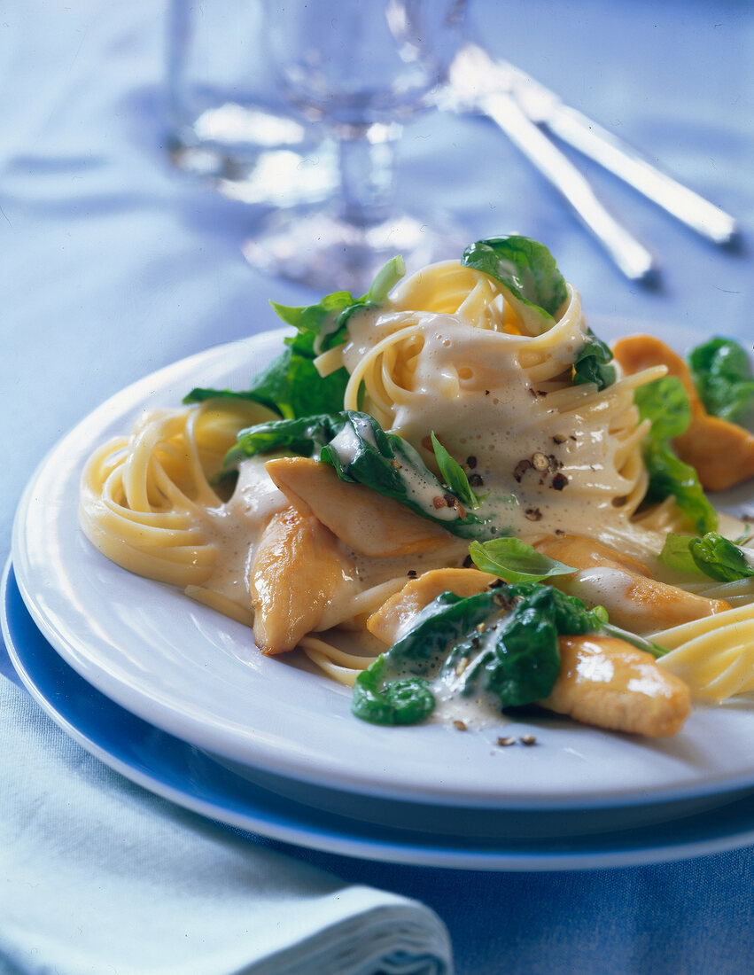 Close-up of tagliatelle with chicken on plate