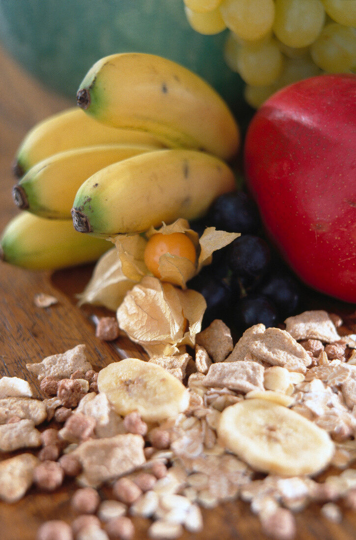 Close-up of fresh fruits and cereals