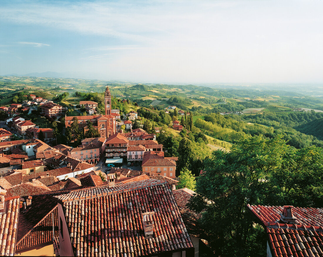 Montforte d'Alba, ital. Weinort in Langhe von Piemont, Vogelperspektive