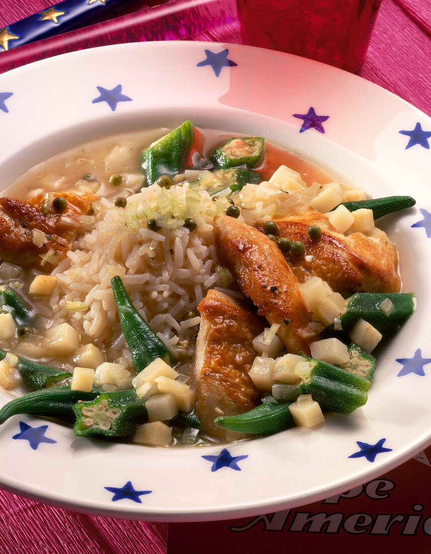 Stewed chicken with okra on plate