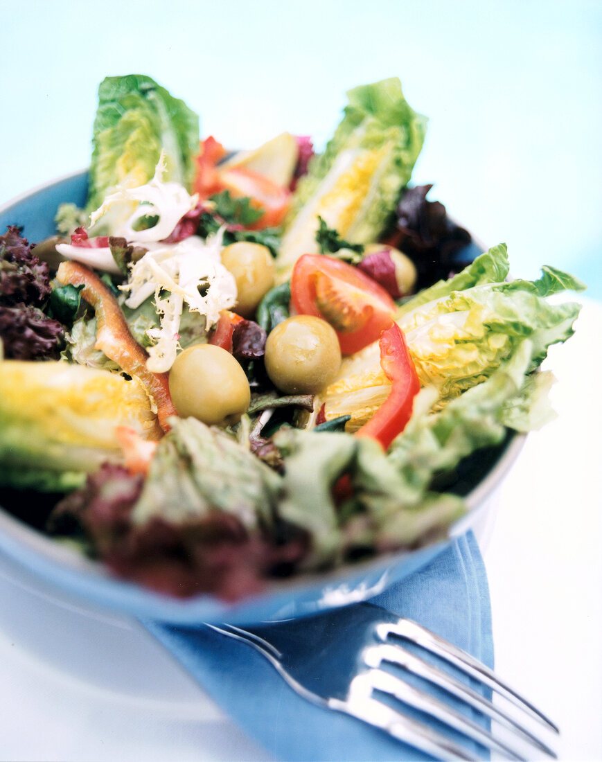 Cretan salad with olives and peppers in blue bowl