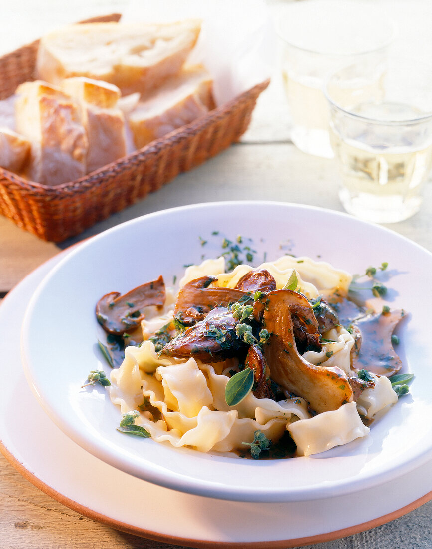 Lasagnette with poultry liver and mushroom sauce on plate