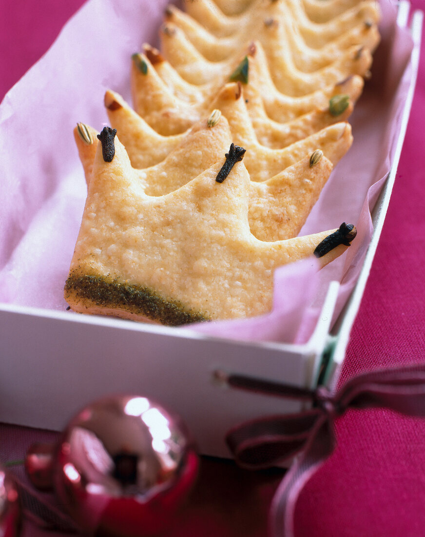 Close-up of crown shaped biscuits in box