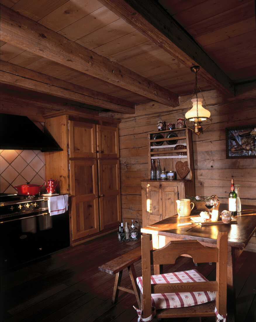 View of kitchen area with rustic dinning and wooden ceiling, walls and floor