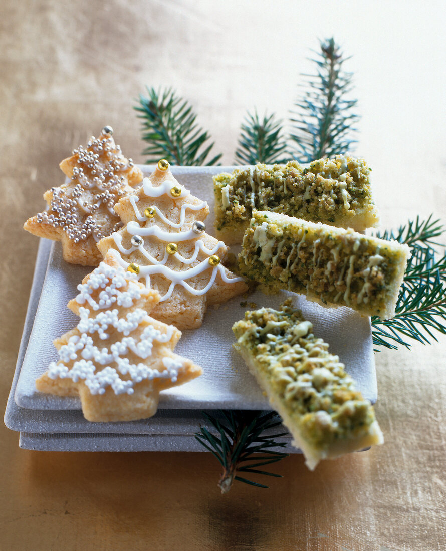 Pine shaped cookies and pistachio stripes for Christmas