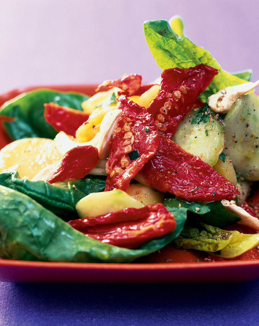 Kartoffelsalat mit getrock. Tomaten, Salatgurke, Blattspinat