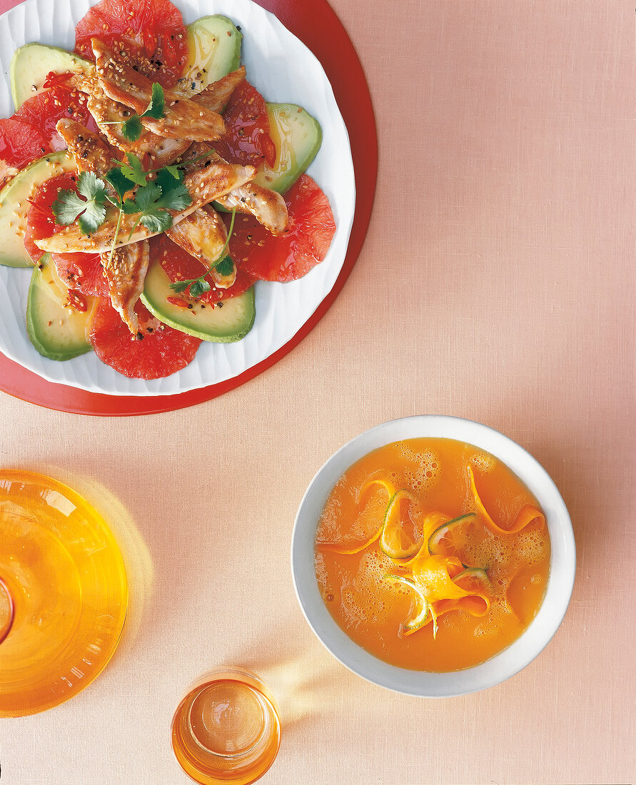 Grapefruit-Avocado-Carpaccio, Limetten-Möhren-Suppe