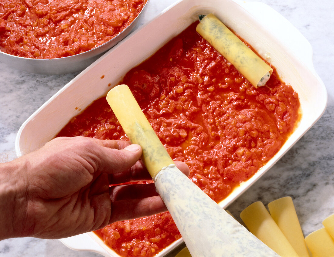 Close-up of filling cannelloni