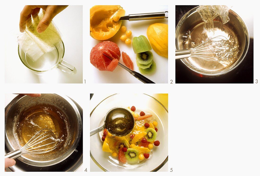 Preparing exotic fruits in wine jelly