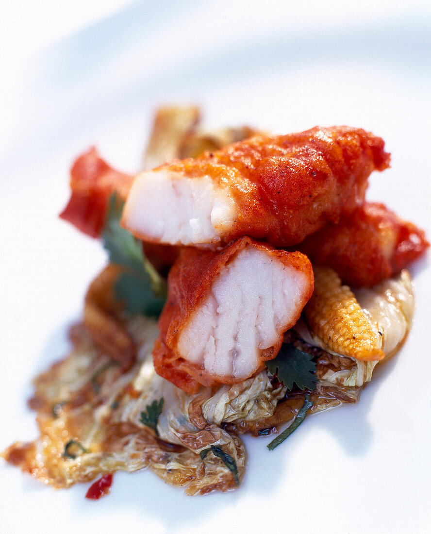 Close-up of fish finger tandoori with Chinese cabbage and baby corn