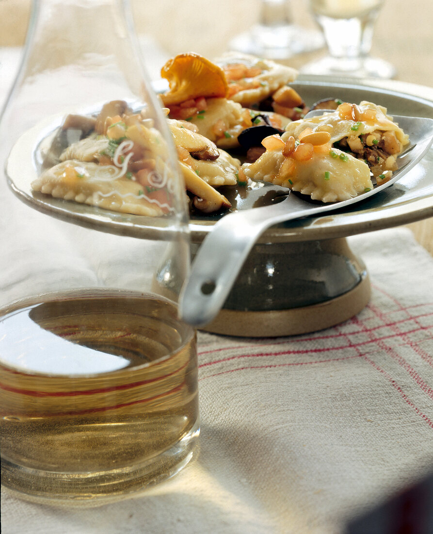 Ravioli with mushroom filling on serving dish