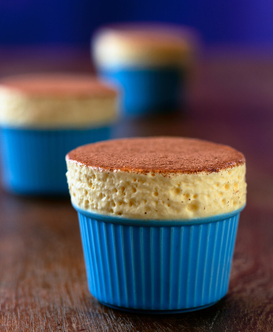 Close-up of ice souffle in blue cake case