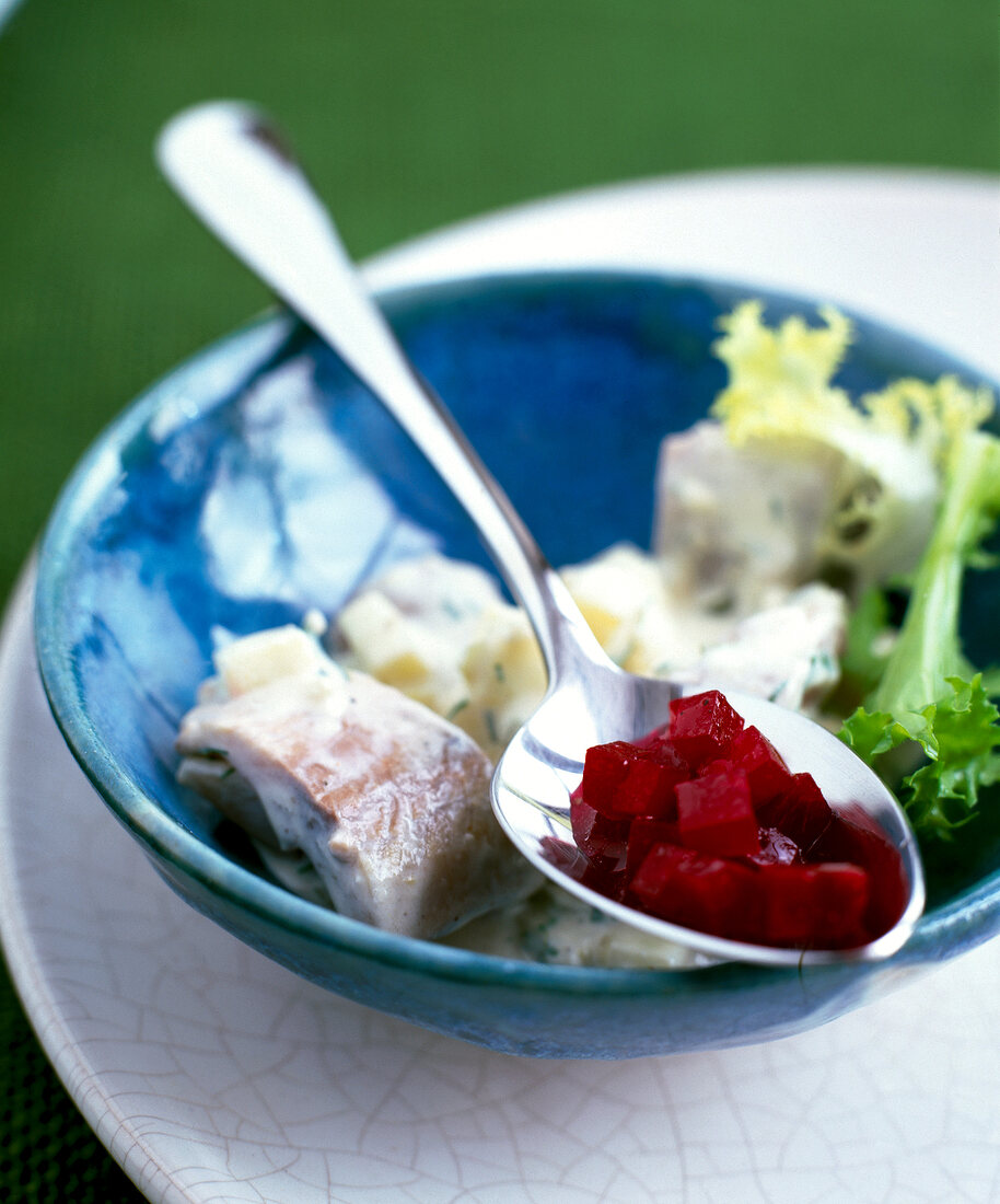 Herring fish salad with cucumber and beetroot in bowl and spoon
