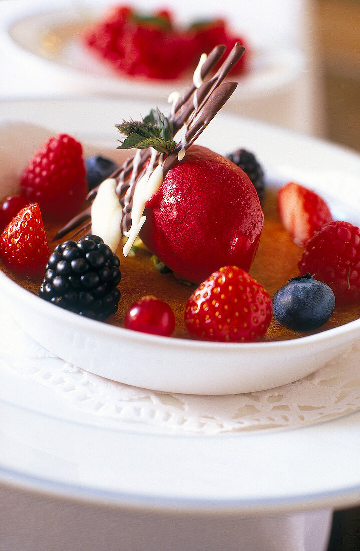 Close-up of dessert with berries kept in bowl