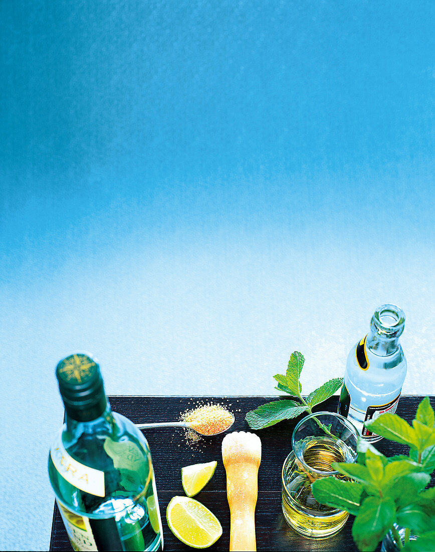 Ingredients of classic mojito cocktail on table