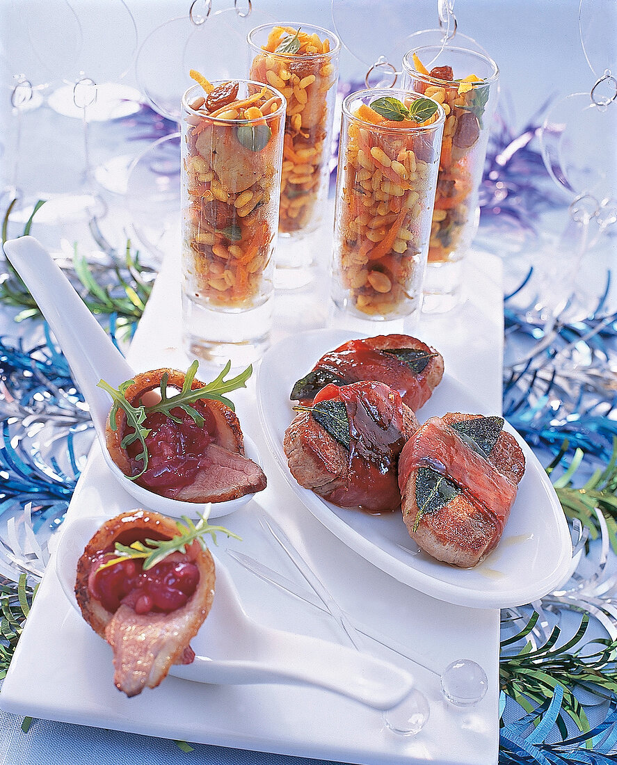 Ebly-Salat im Glas, Saltimbocca mit Salbei + Entenbrust mit Apfel-Confit