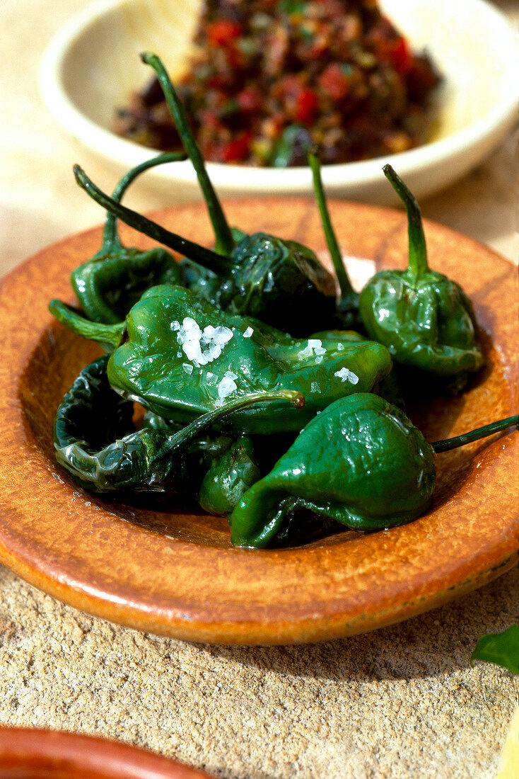 Close-up of padron peppers in plate, Tapas