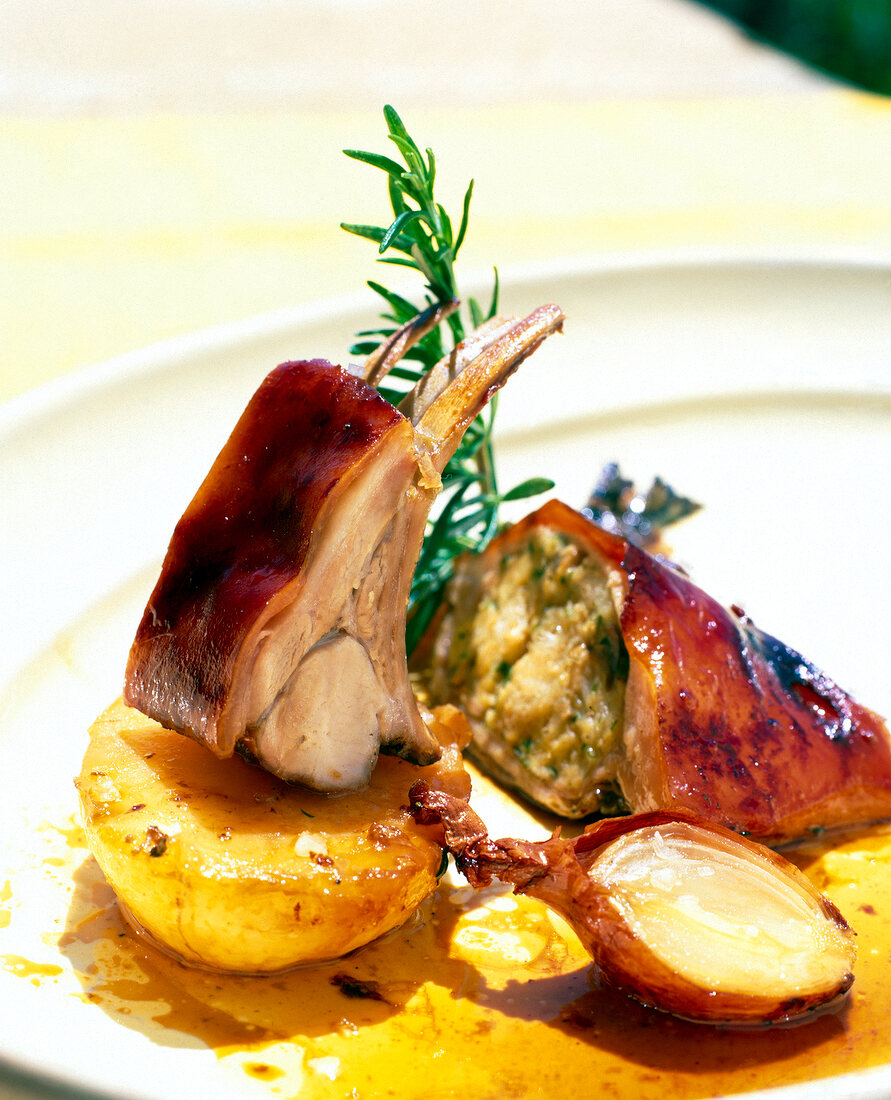 Close-up of Majorcan pork dish on plate