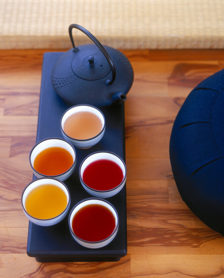 Teapot and tea in bowls on tray, overhead view