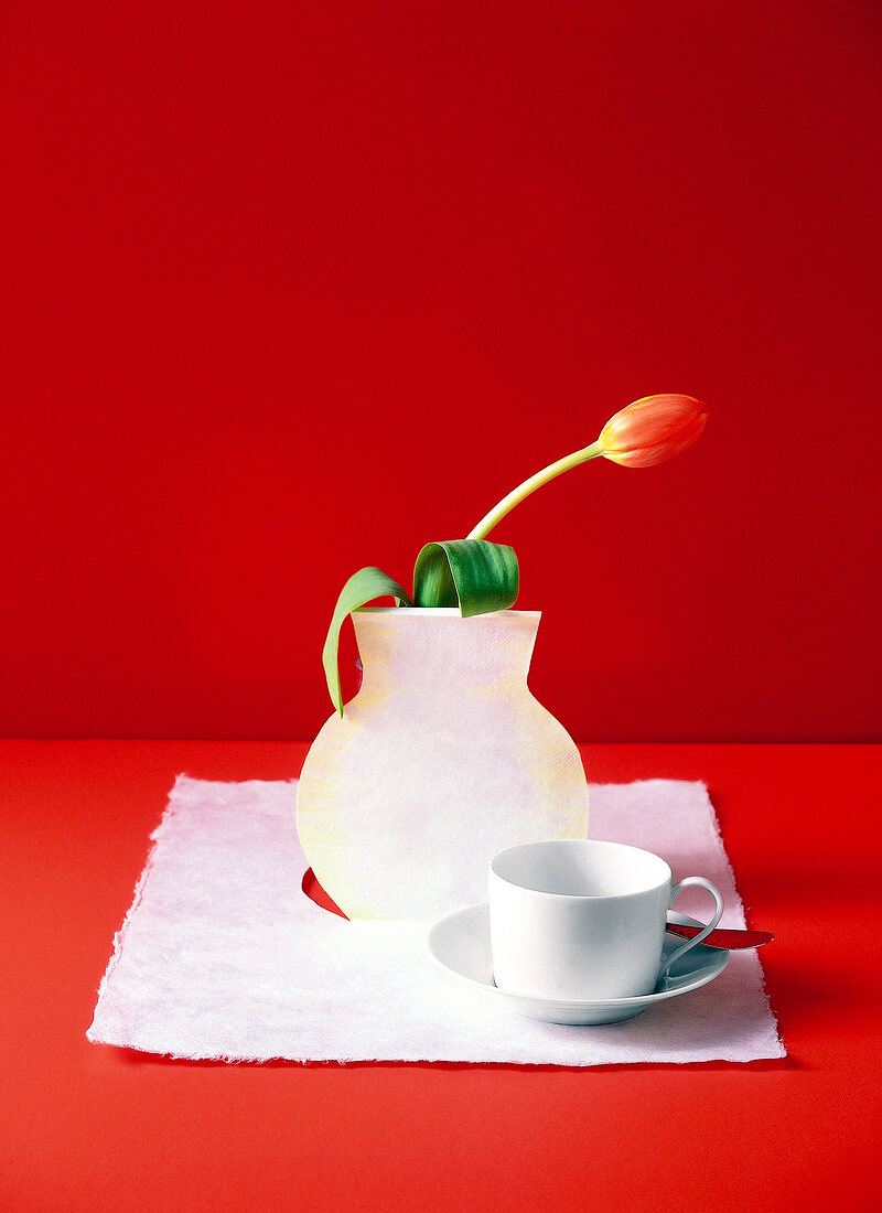 White vase with single tulip, cup and saucer in front on red background
