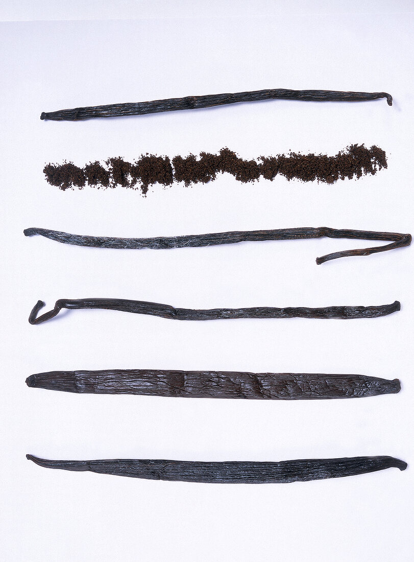 Different varieties of vanilla beans and ground vanilla on white background