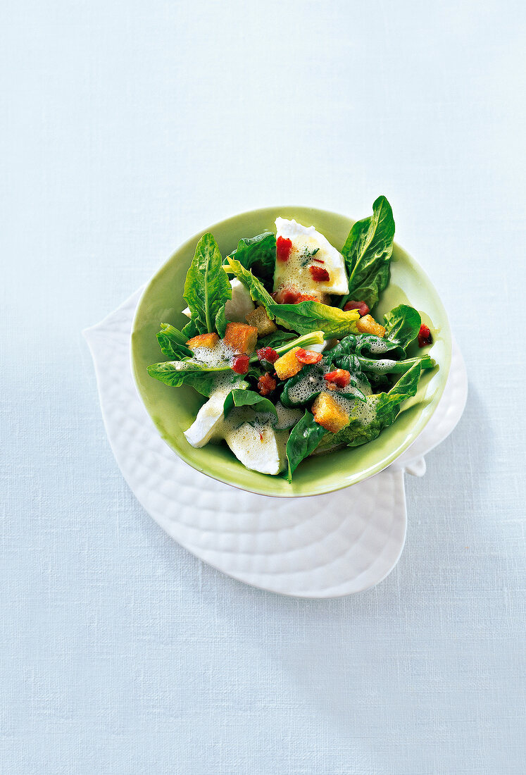 Spinach salad with mozzarella and crotons in bowl