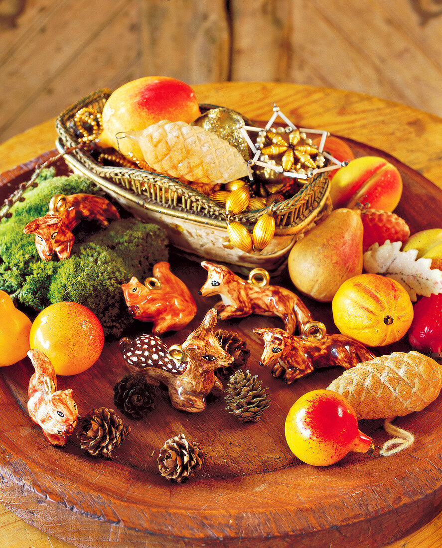 Christmas ornaments decorated on wooden surface