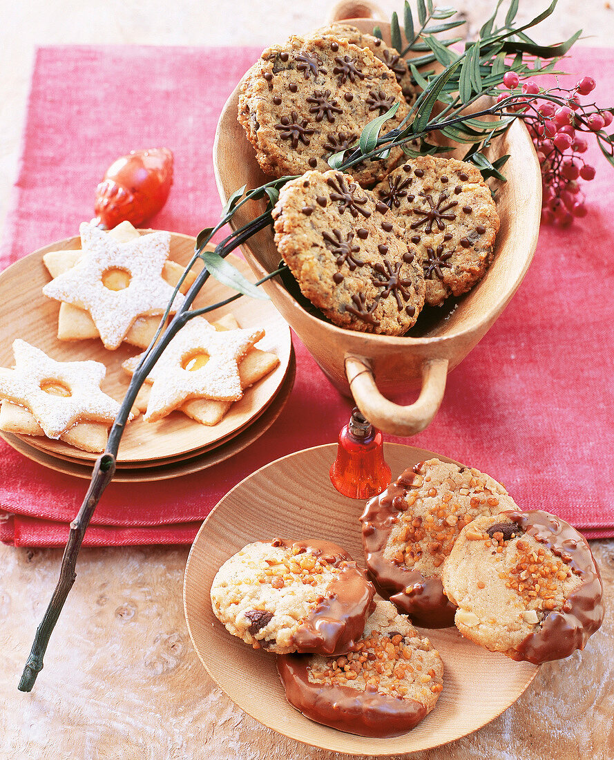 Christmas cookies with chocolate and peanut on plate