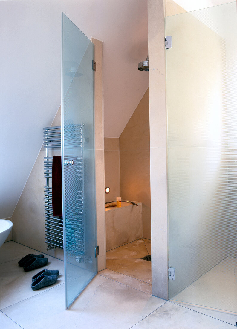 Sand stone shower with matt glass shower door in bathroom