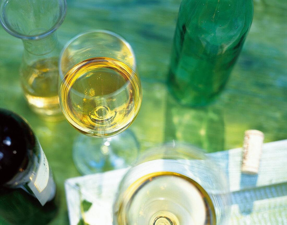 White wine in glass, overhead view