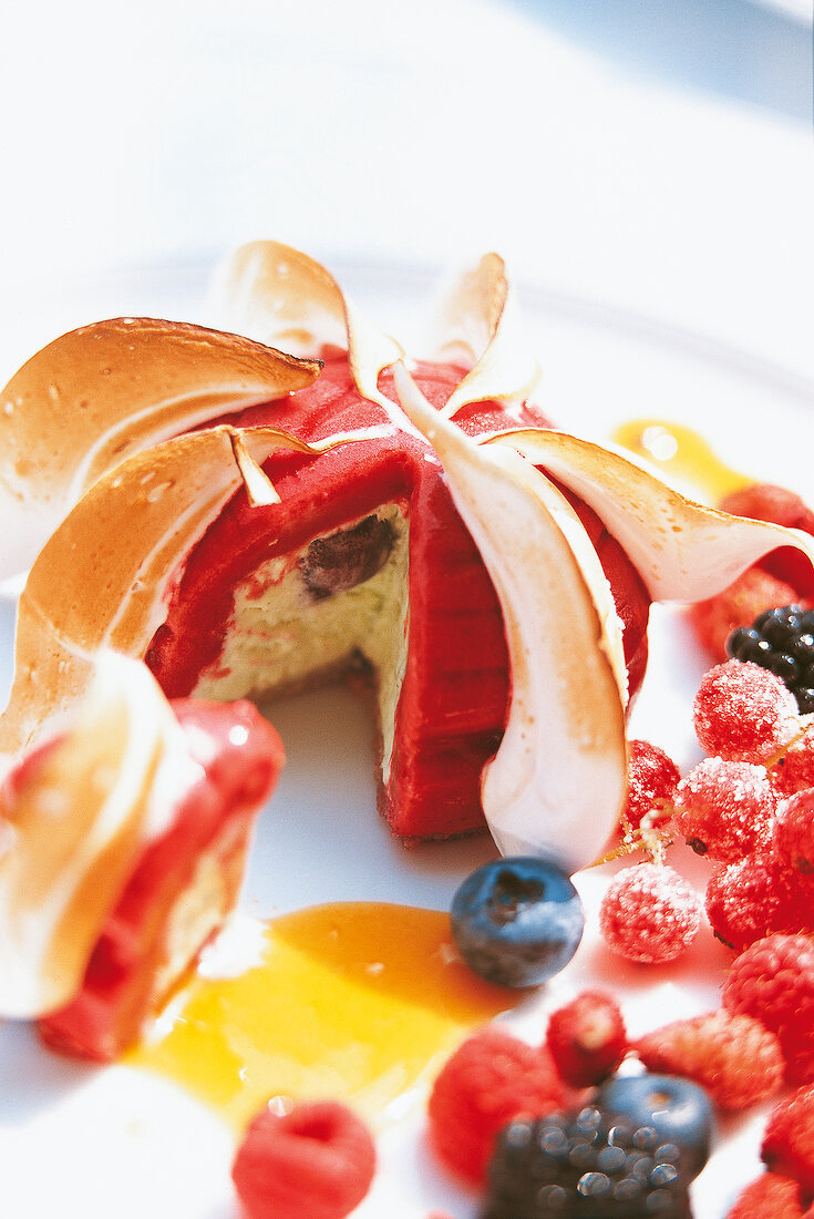 Close-up of marquise with cherries and berries on plate