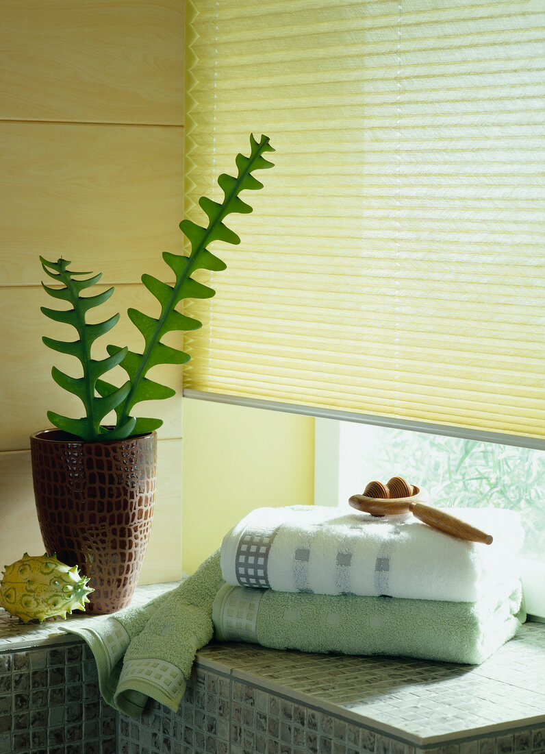 Handtücher + Massagegerät im Badezimmer, Faltrollo, Topfpflanze