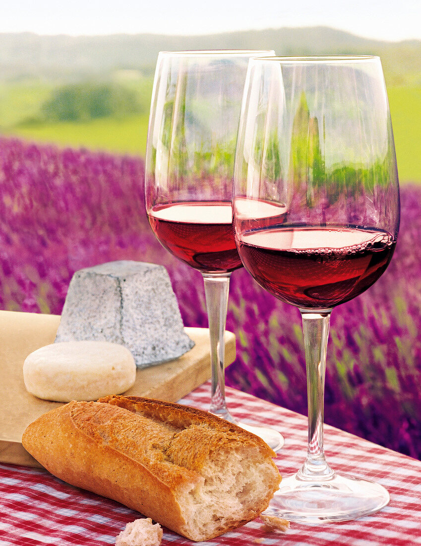 2 Weingläser mit Rotwein, Brot und Käse auf karierter Decke im Freien