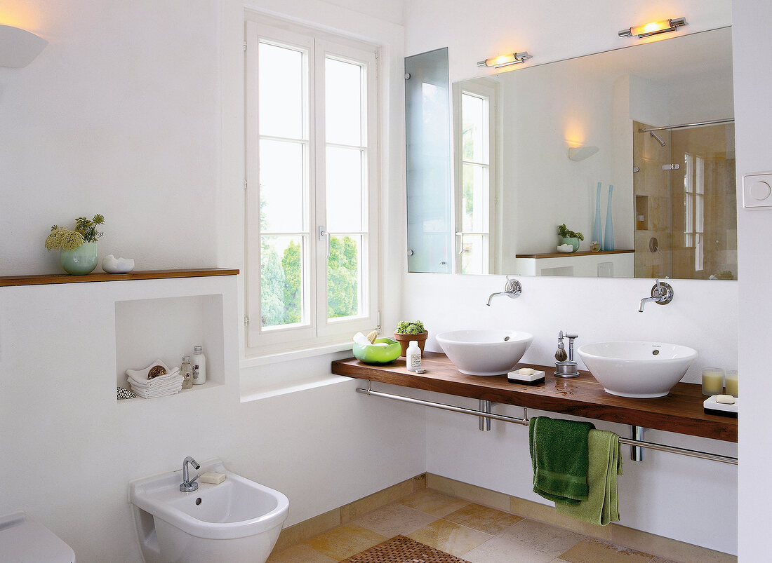 Interior of bathroom with double sinks