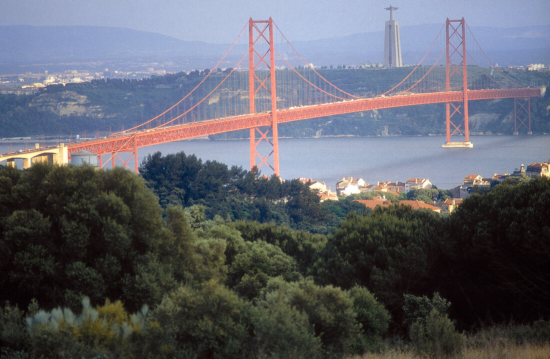 View of Ponte 25 de Abril Bridge on Tagus River in Lisbon, Portugal