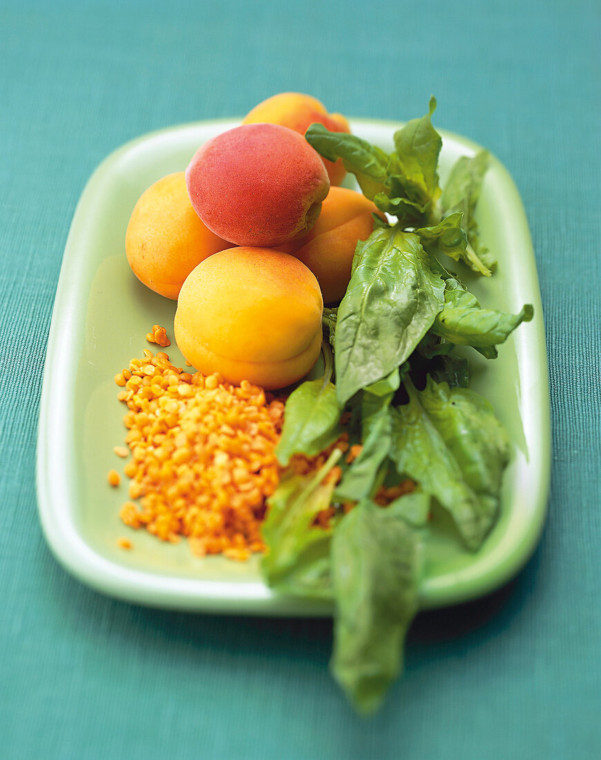Krebs-Vorbeugung: Aprikosen, Spinat und Hülsenfrüchte auf grüner Schale