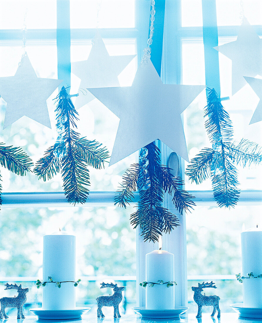 Christmas decorations with fixed star and burning candles near window