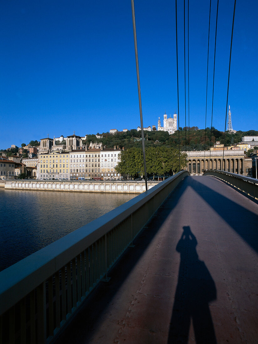 View of Basilica of Notre-Dame de Fourviere from bridge in Lyon, France