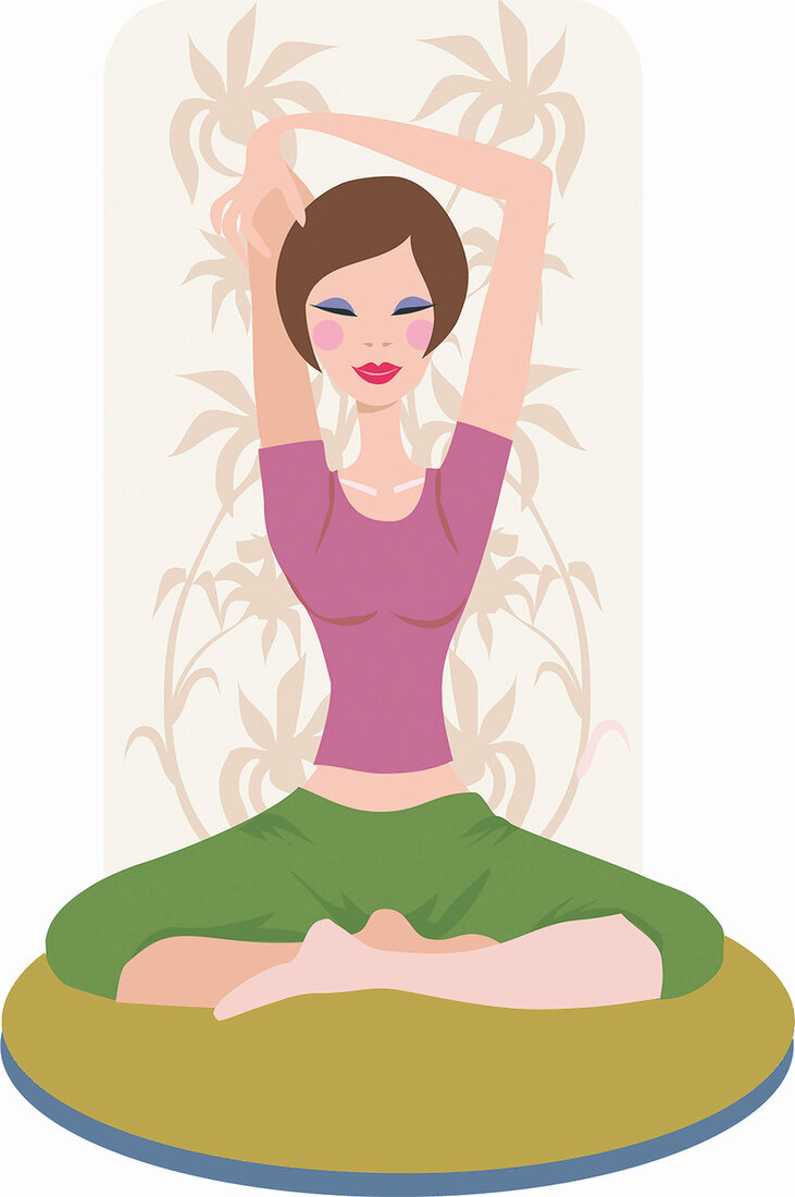 Illustration: Frau macht Yoga-Übung - Schneidersitz, Dehnübung f. Arme