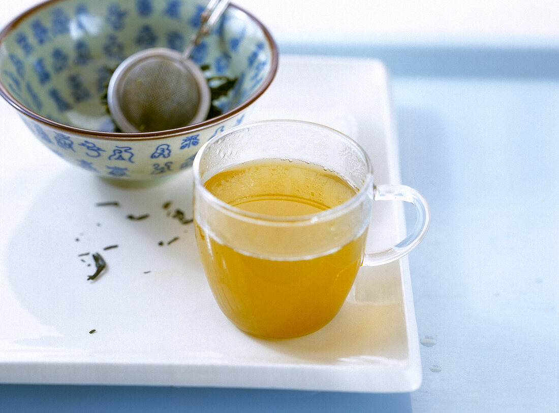 Cup with green tea and tea strainer in bowl on tray