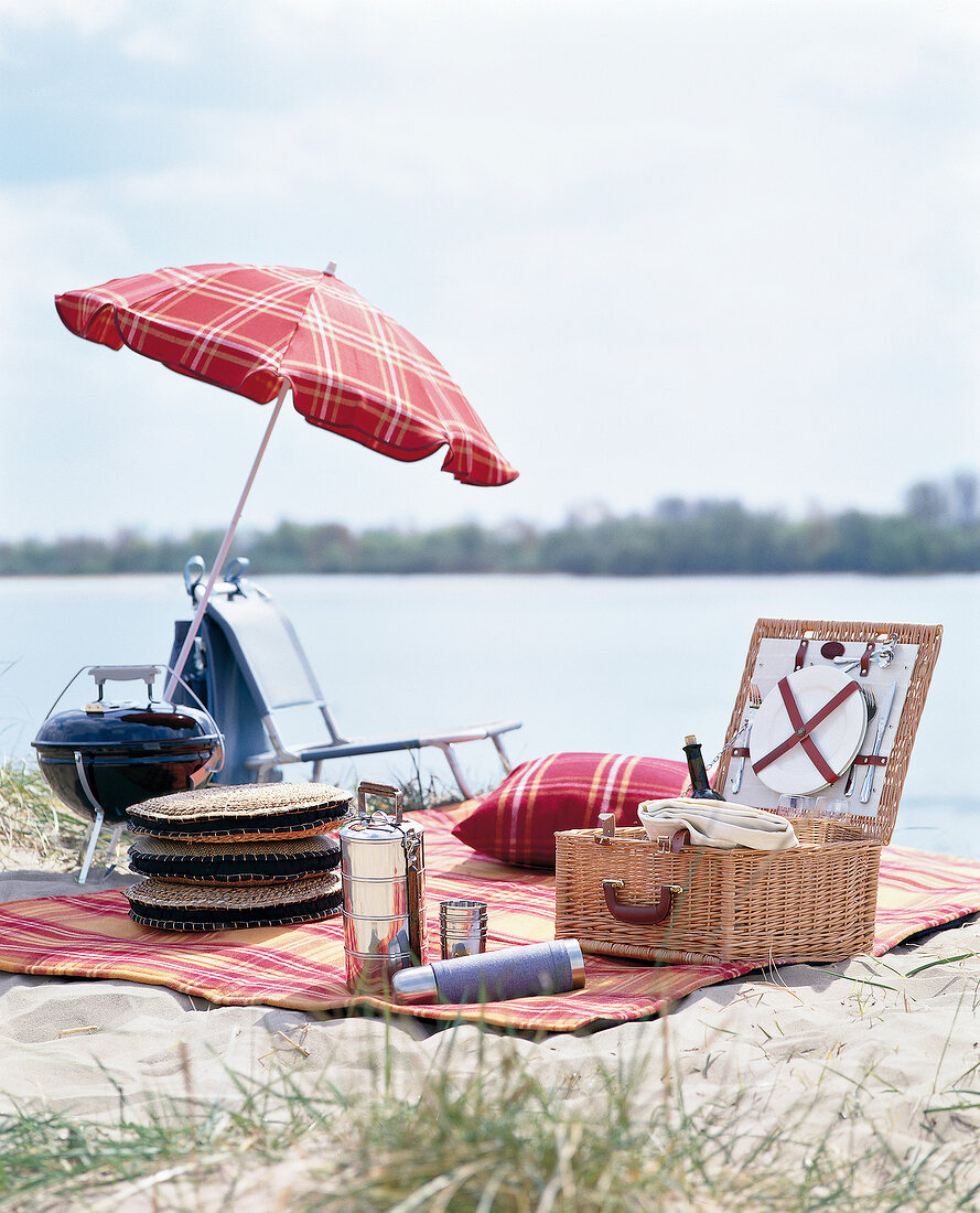 Picknick am See, Picknickzubehör Picknickkorb, Picknickdecke etc.