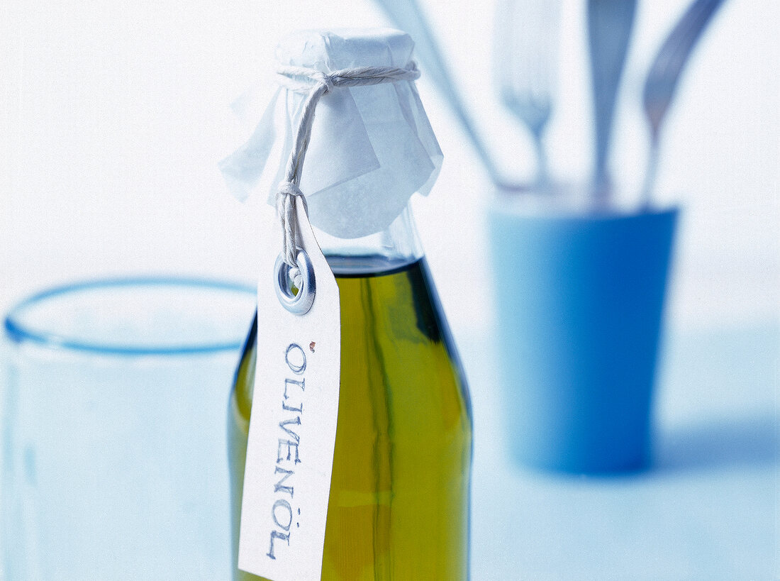 Close-up of bottle of olive oil