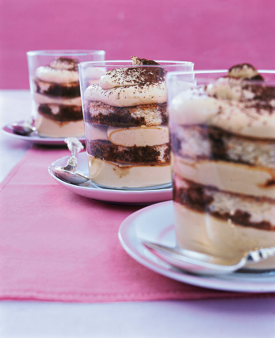 Three glass of cappuccino tiramisu in glass