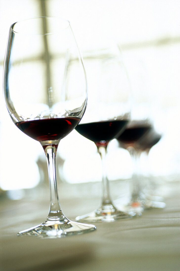 Weingläser gefüllt mit Rotwein, Pinot Noir, Spätburgunder