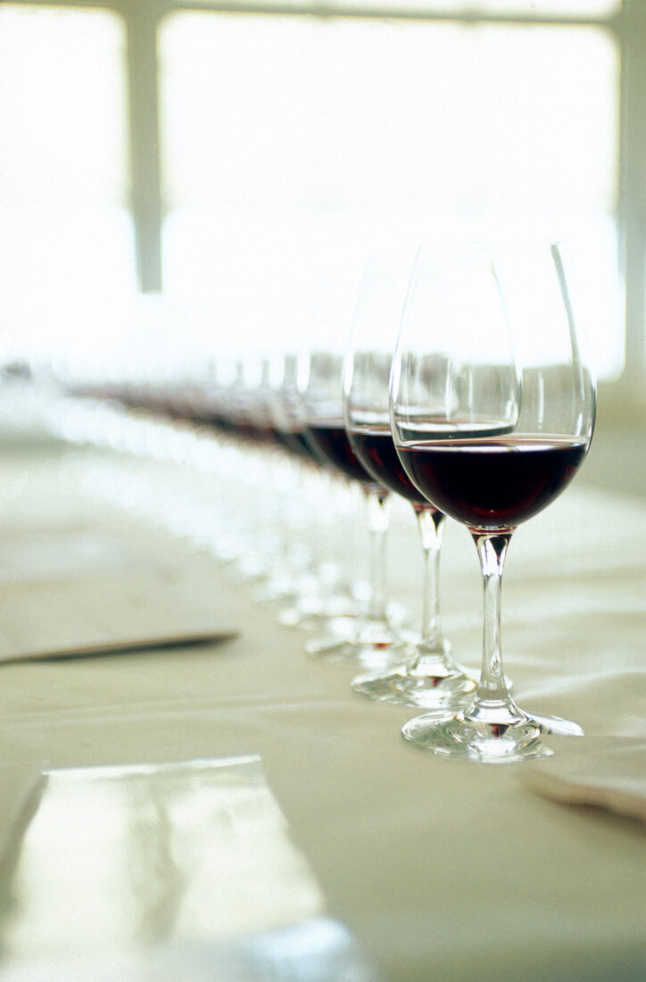 Close-up of glasses filled with Pinot Noir red wine